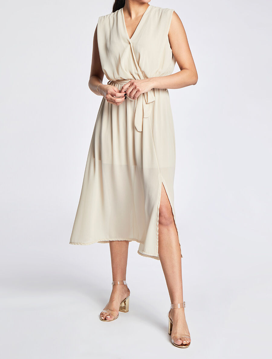 Robe longue unie à voile - Beige - 4