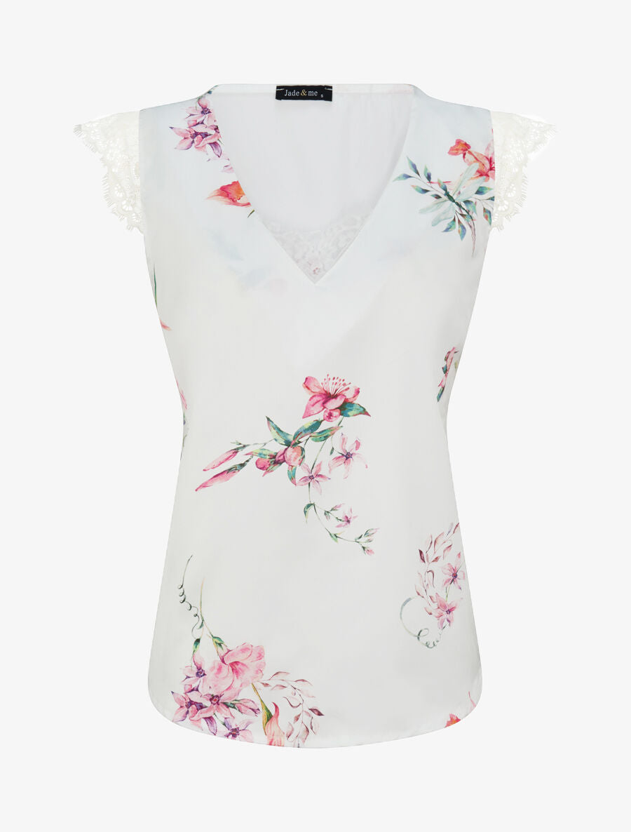 Top satiné imprimé fleurs de lys à détail dentelle - Blanc - 4