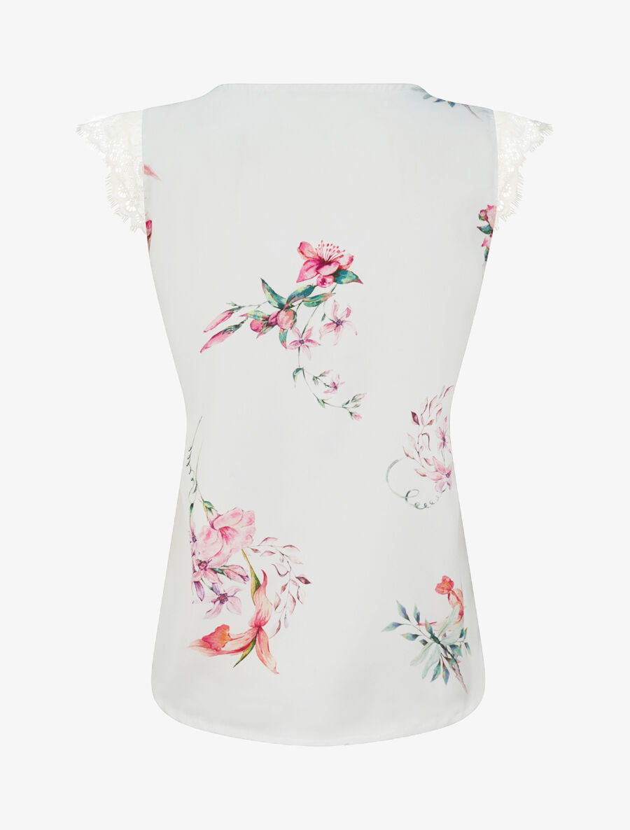 Top satiné imprimé fleurs de lys à détail dentelle - Blanc - 2