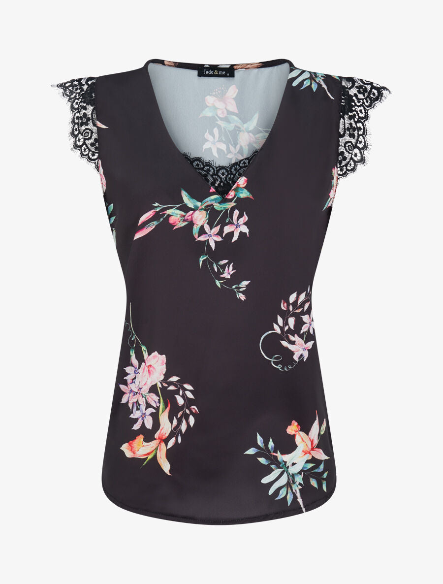 Top satiné imprimé fleurs de lys à détail dentelle - Noir - 4