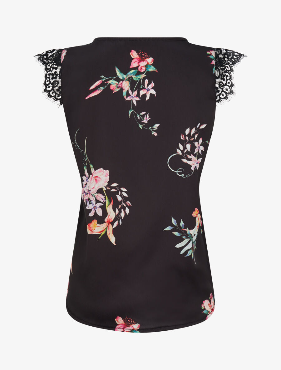 Top satiné imprimé fleurs de lys à détail dentelle - Noir - 2