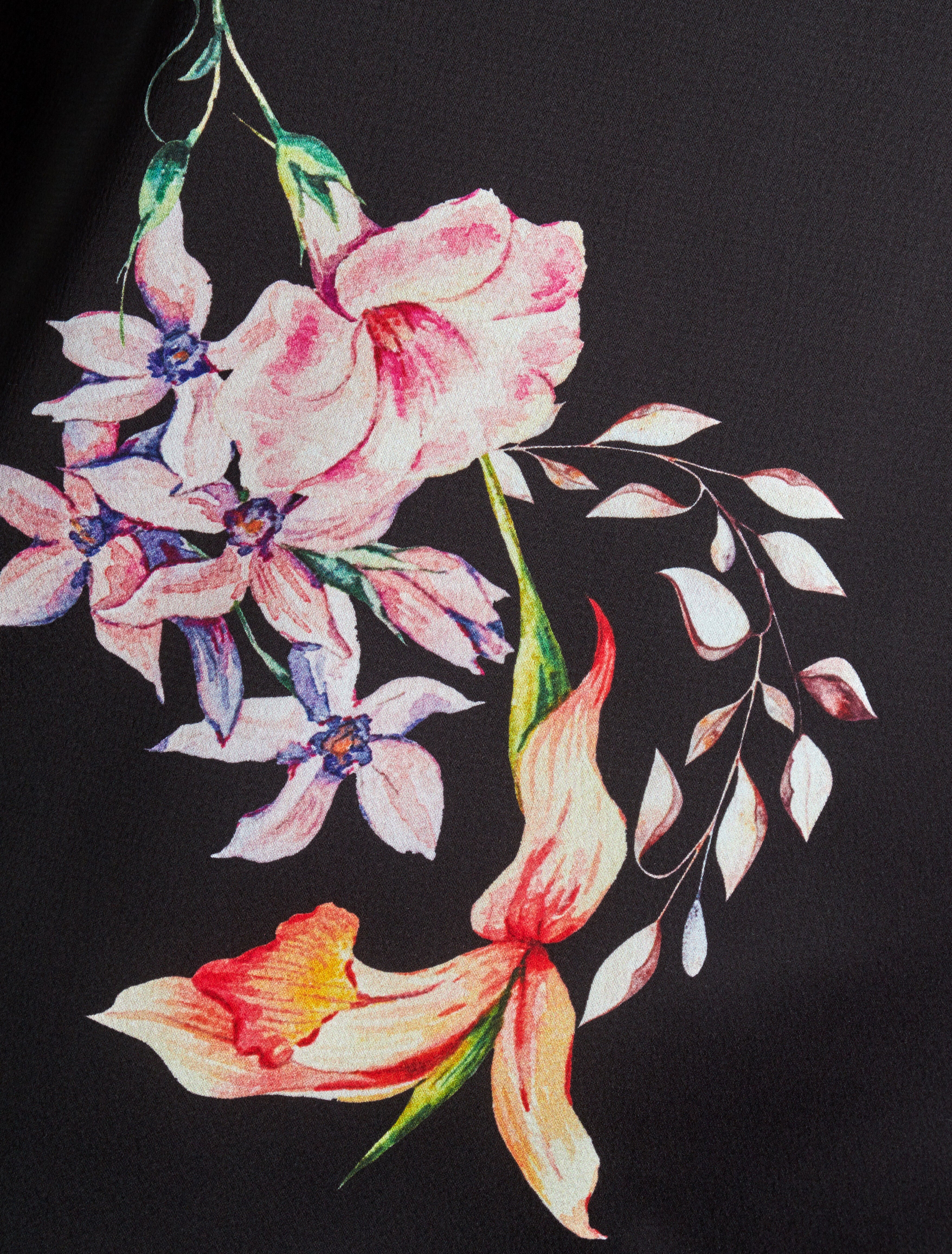 Top satiné imprimé fleurs de lys à détail dentelle - Noir - 3