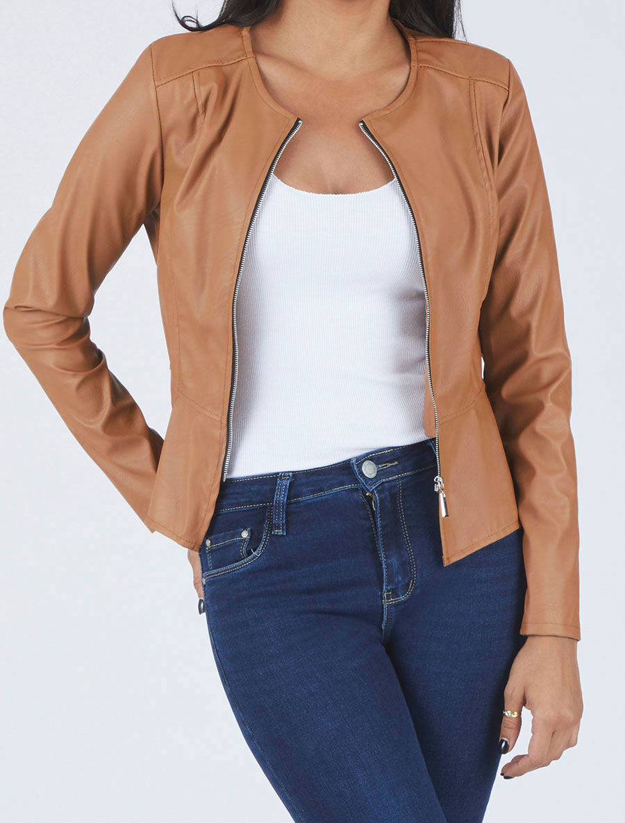 Veste zippée en simili - Camel - 4
