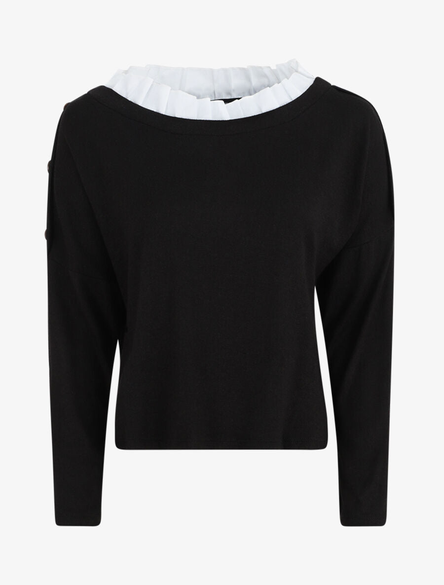 Pull droit à col volanté - Noir - 1