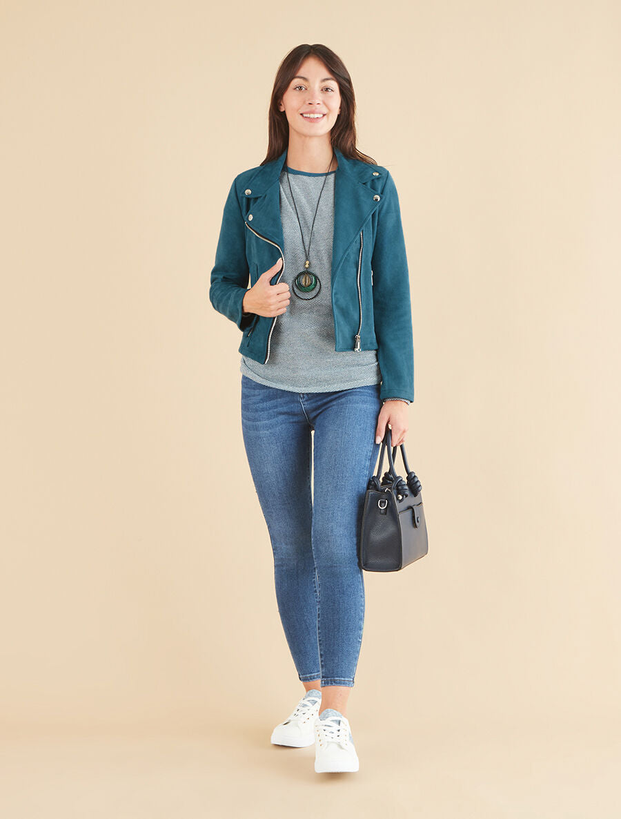 Veste style perfecto zippée en suédine - Bleu canard - 4