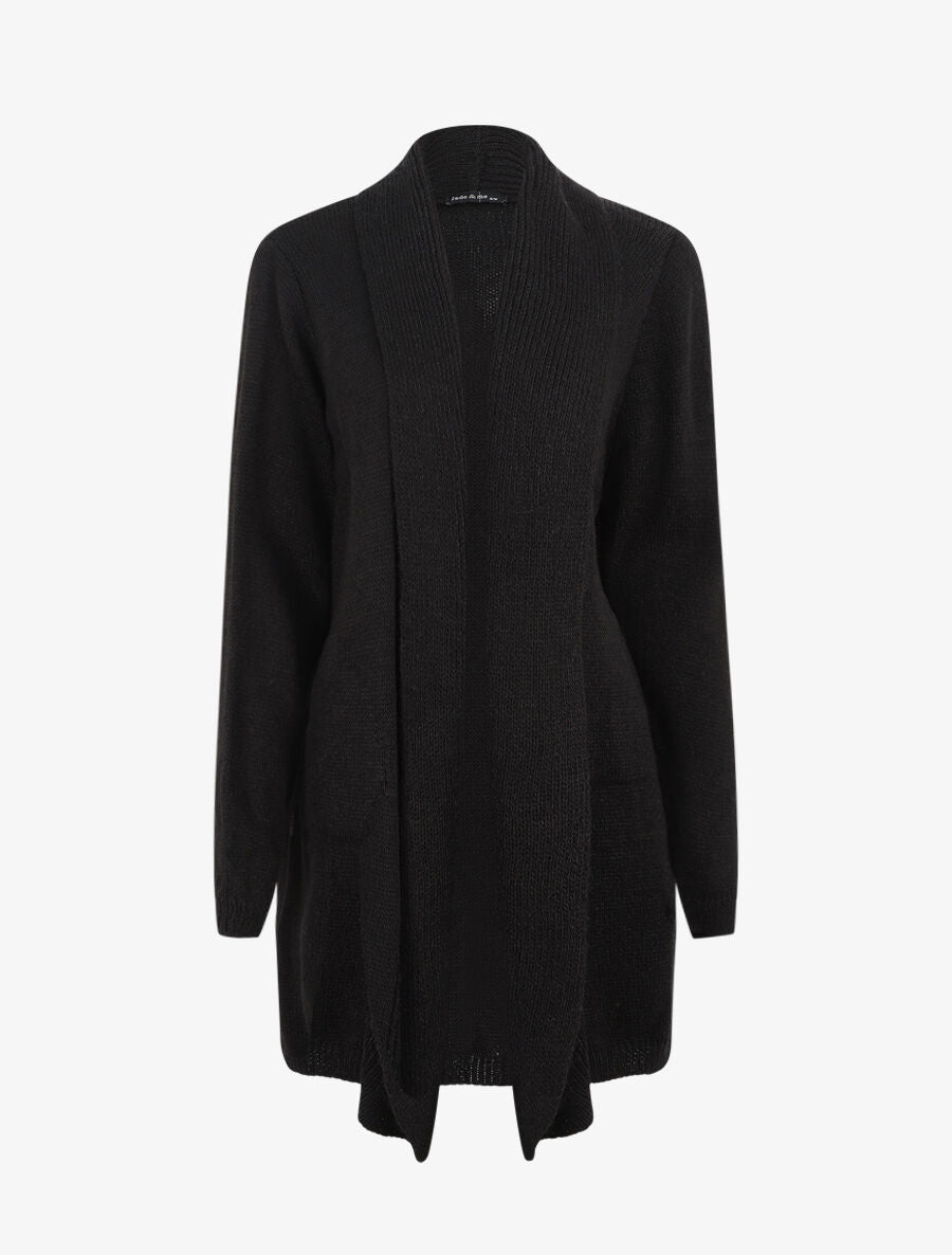 Gilet mi-long ouvert en maille - Noir - 1