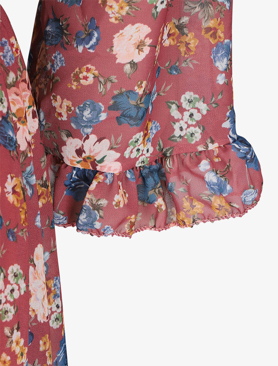 Robe cache-coeur à manches transparentes imprimé fleuri - Vieux rose - 3