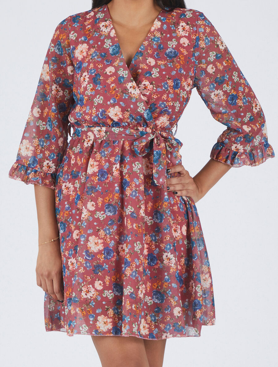 Robe cache-coeur à manches transparentes imprimé fleuri - Vieux rose - 4