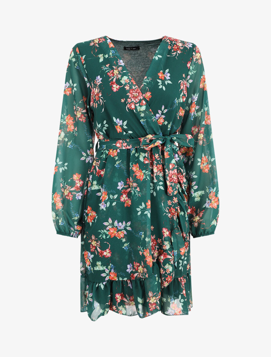 Robe à volants imprimé bouquet automnal - Vert - 5