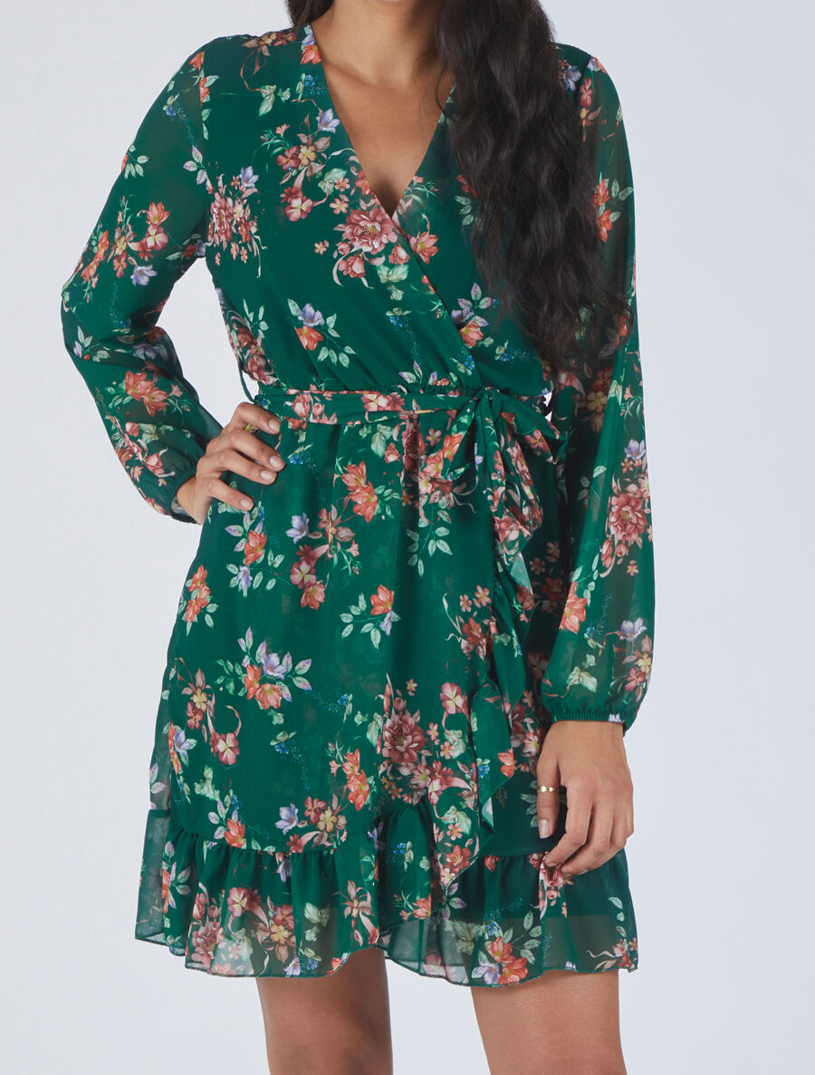 Robe à volants imprimé bouquet automnal - Vert - 4