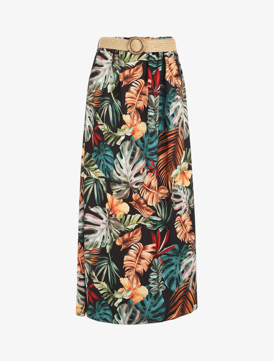 Jupe longue à imprimé tropical - Noir - 1
