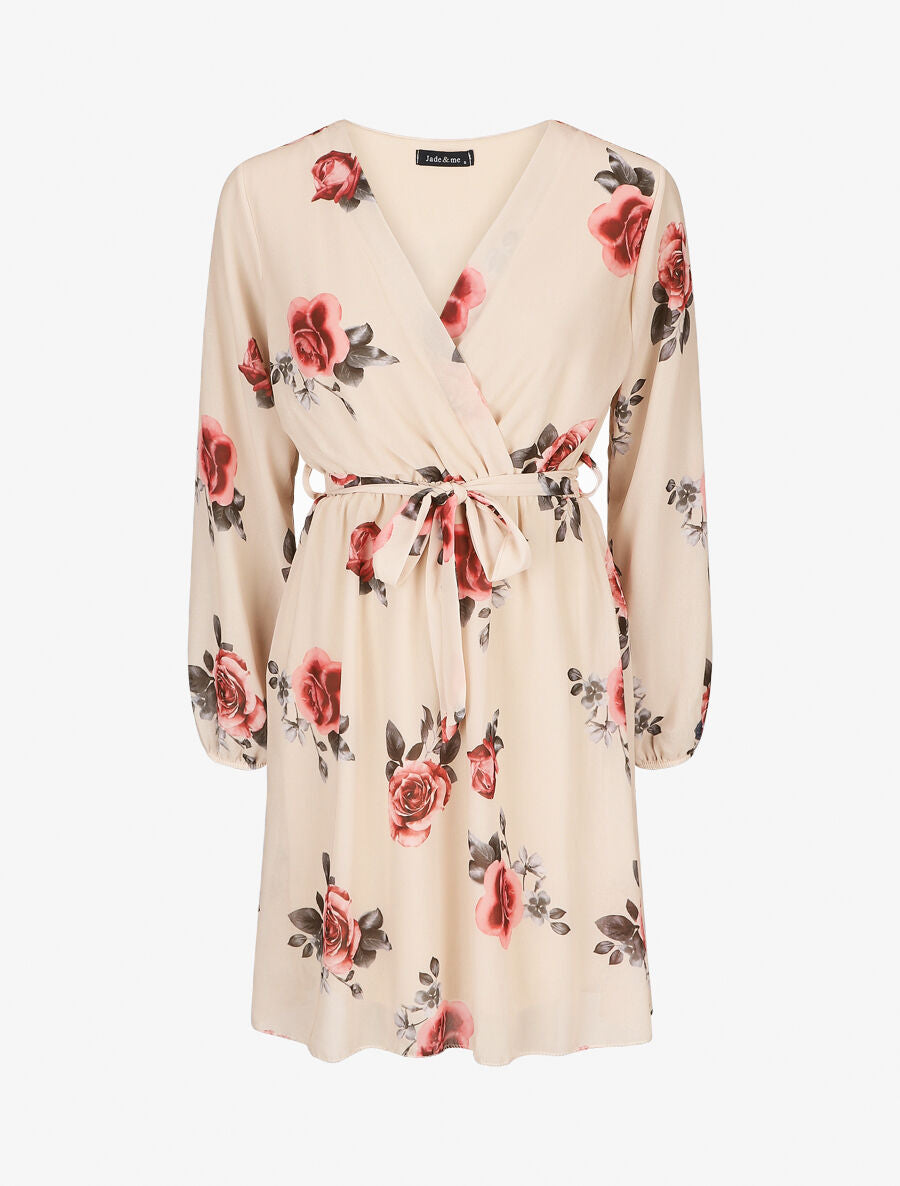 Robe mi-longue taille élastiquée imprimé roses - Beige - 5