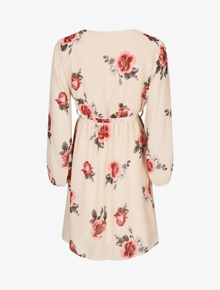Robe mi-longue taille élastiquée imprimé roses - Beige - 2