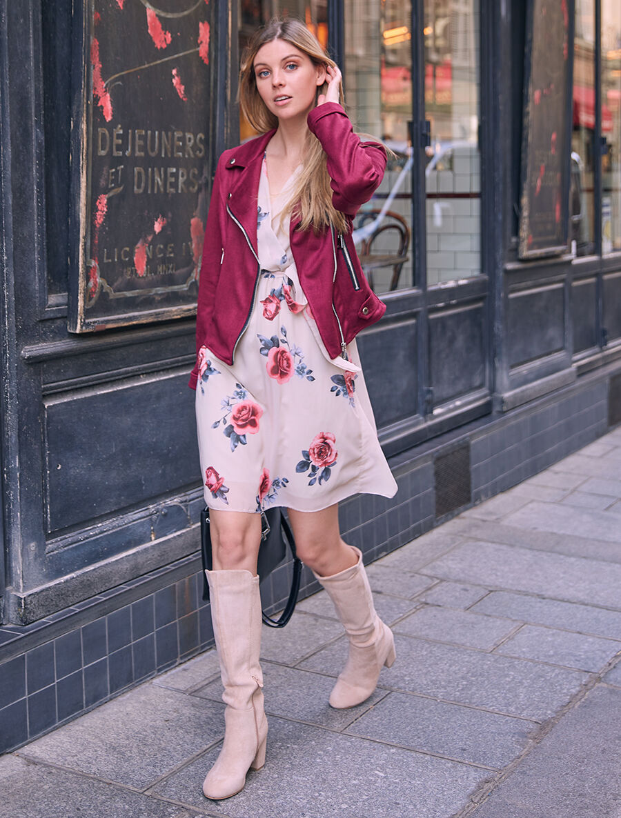 Robe mi-longue taille élastiquée imprimé roses - Beige - 4