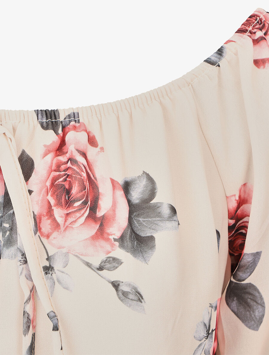 Blouse imprimé grandes fleurs à manches transparentes - Beige - 3