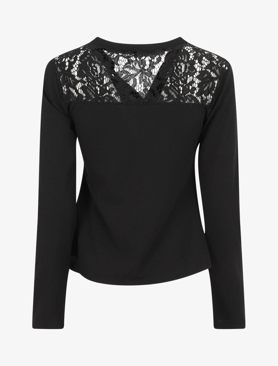 Blouse unie à dentelle - Noir - 2