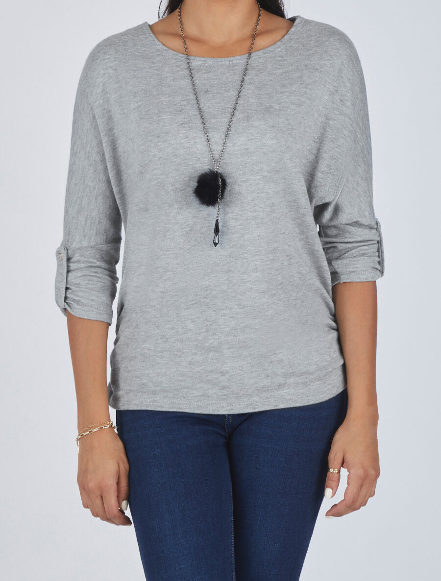 Pull ample uni avec sautoir - Gris clair - 4