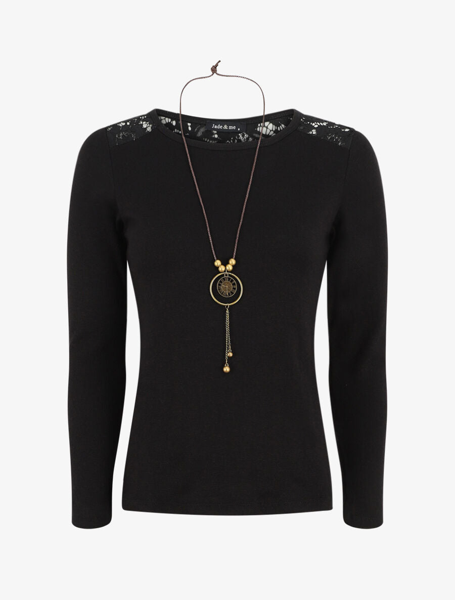 Pull uni à épaules dentelle - Noir - 1