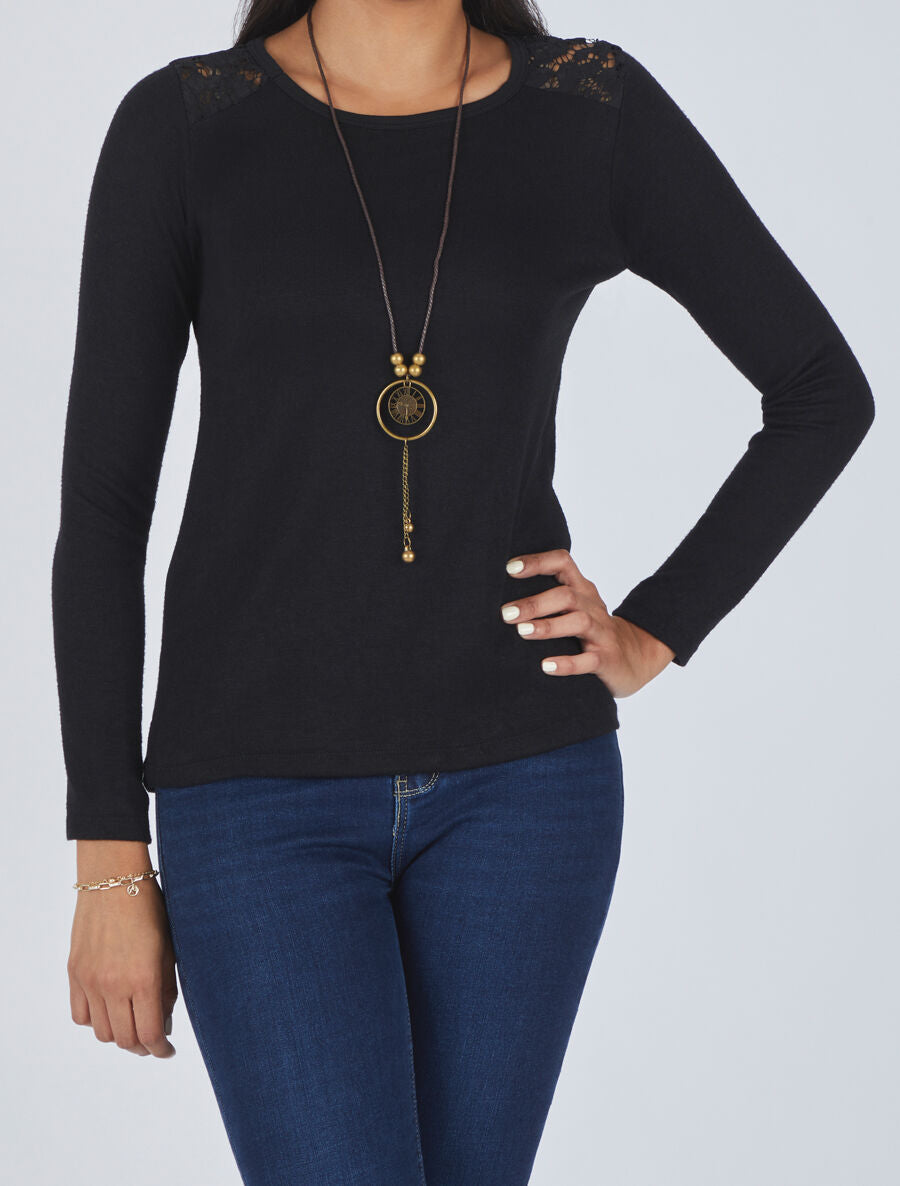 Pull uni à épaules dentelle - Noir - 4