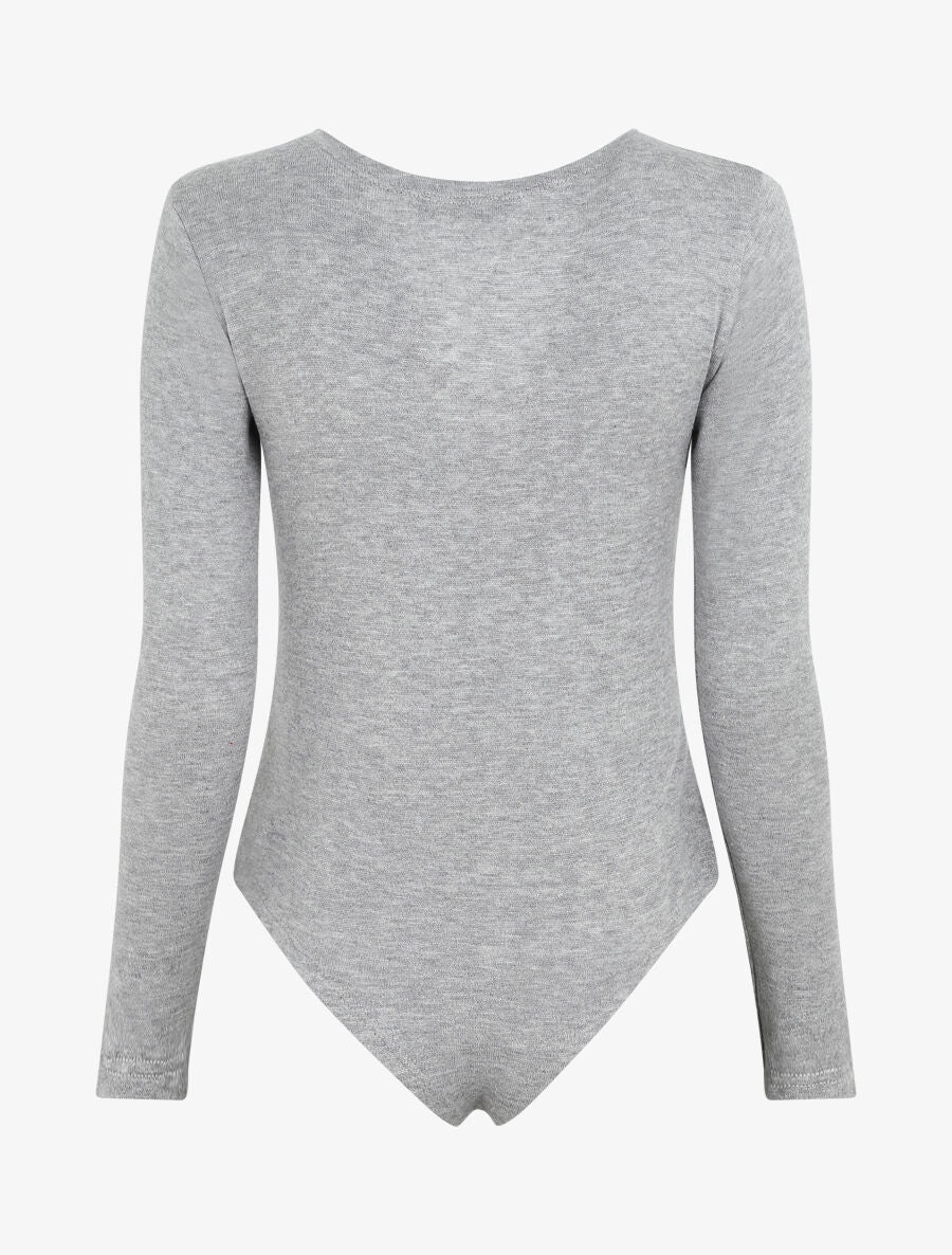 Body en maille uni à col V zippé - Gris - 2