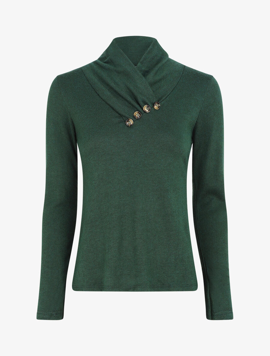 Pull fin à col montant et boutons décoratifs - Vert sapin - 1