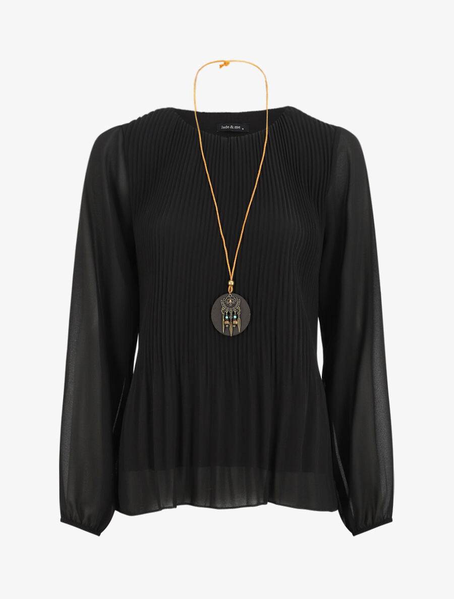 Blouse plissée à manches longues - Noir - 1