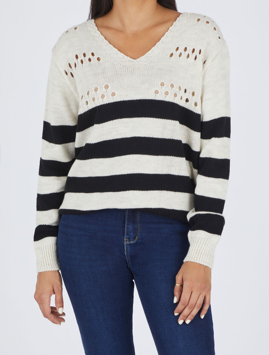 Pull ajourée à rayures - Noir/beige - 4