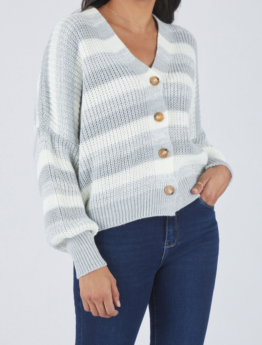 Cardigan à rayures et bords côtelés - Gris - 4