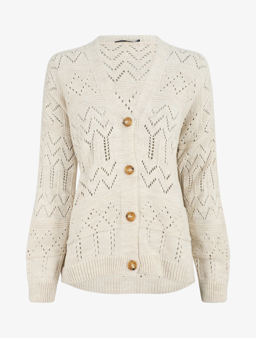 Cardigan grosse maille ajourée et bords côtelés - Beige - 5