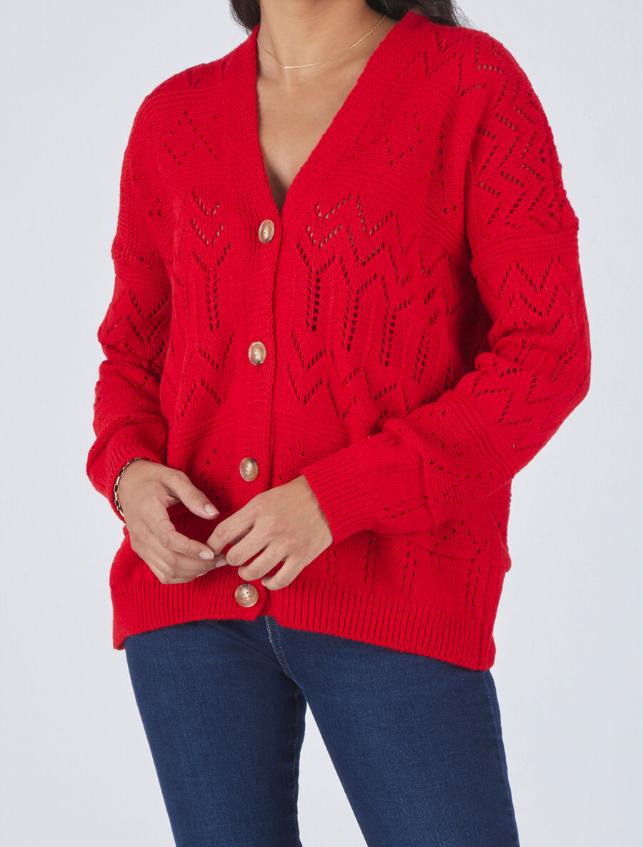 Cardigan grosse maille ajourée et bords côtelés - Rouge - 4