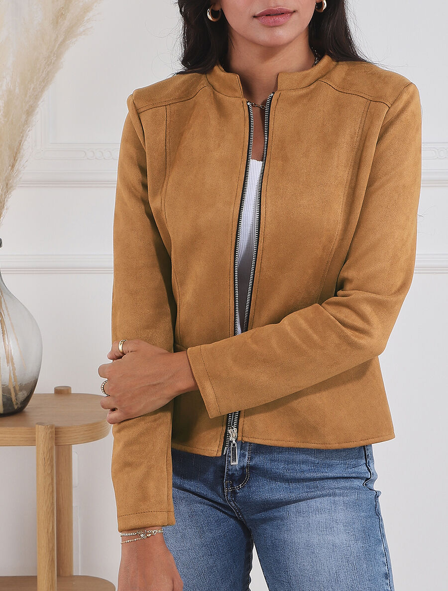 Veste zippée en suédine - Camel - 1