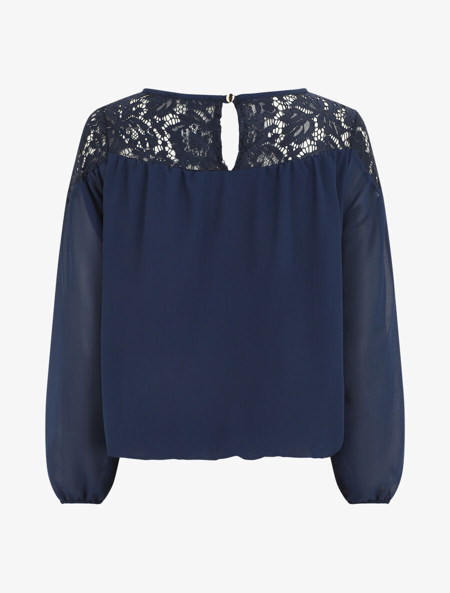 Blouse en voile coupe boule et dentelle - Marine - 2