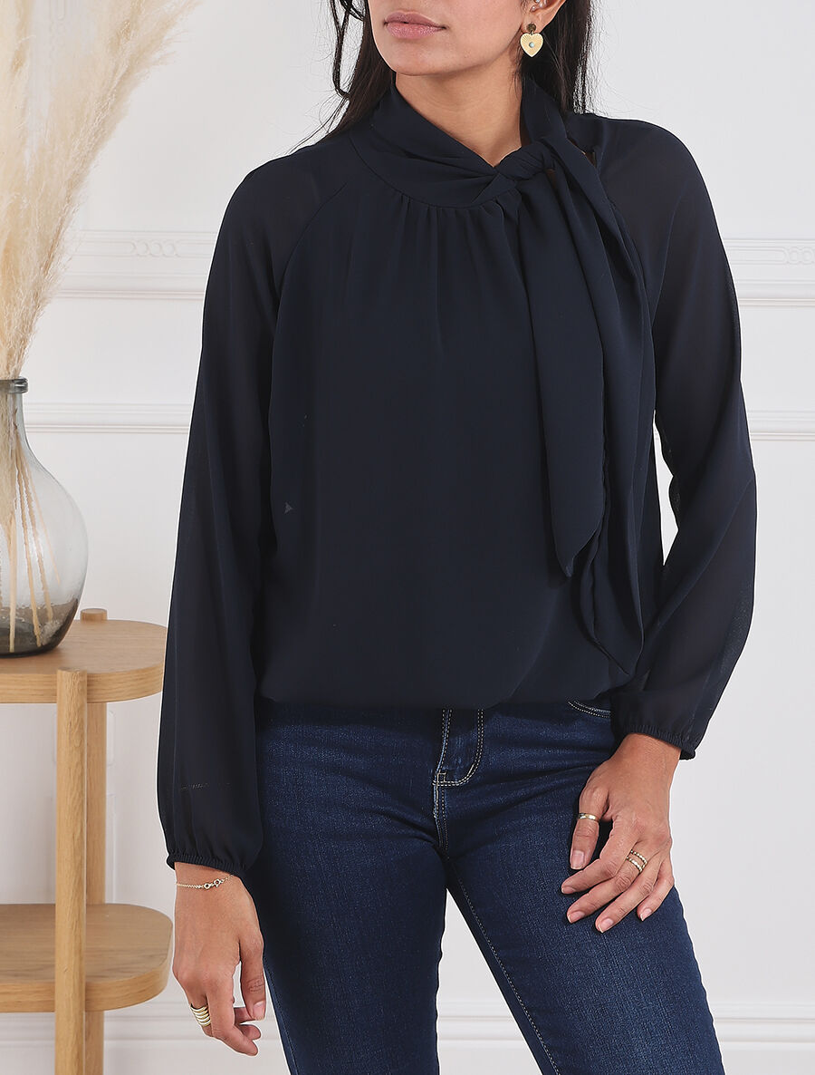Blouse ample unie col lavallière - Marine - 4