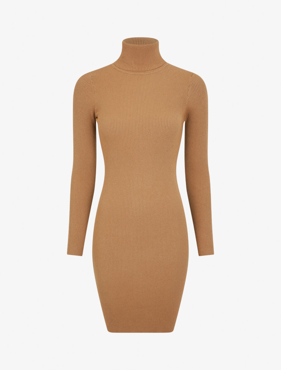Robe pull uni à col roulé - Camel - 1