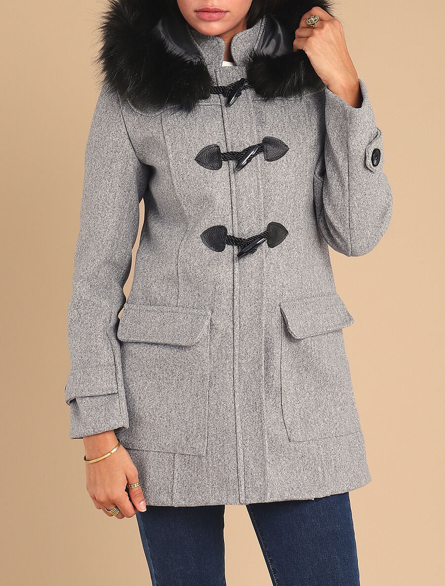 Duffle coat à capuche à fourrure - Gris - 4