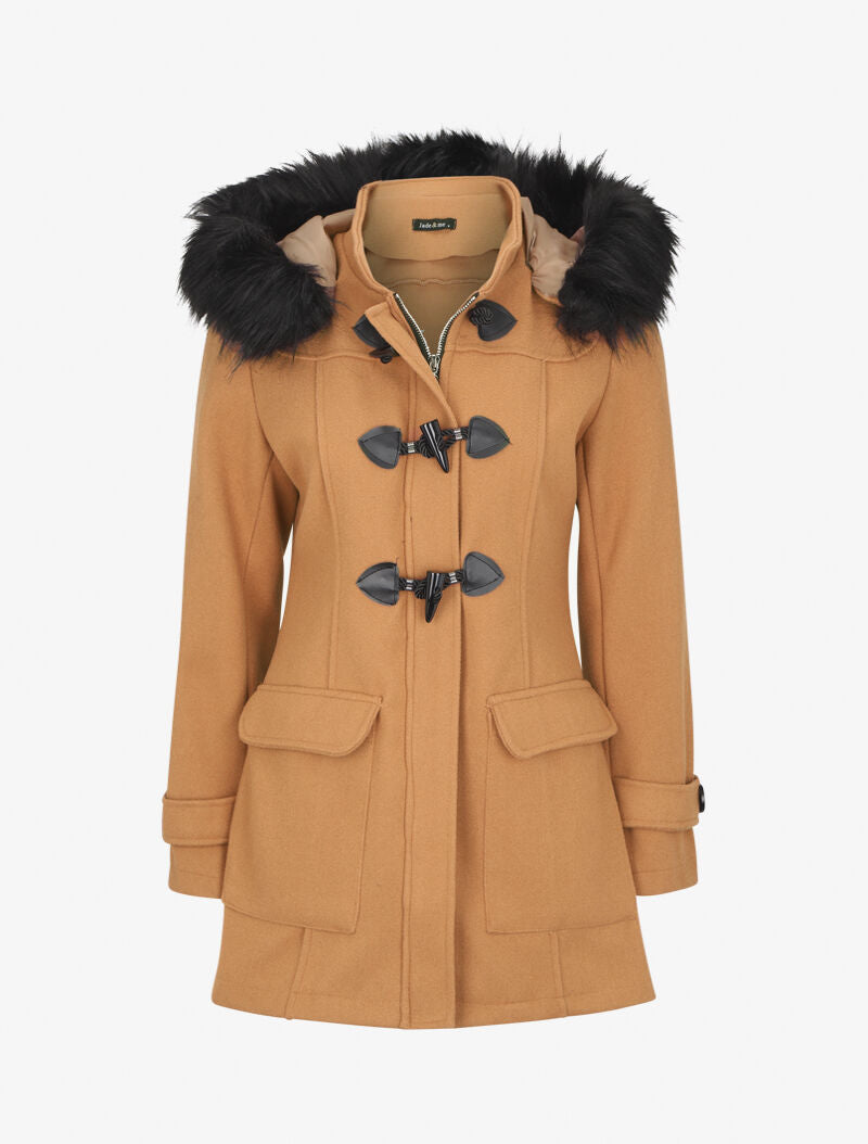 Duffle coat à capuche à fourrure - Camel - 1