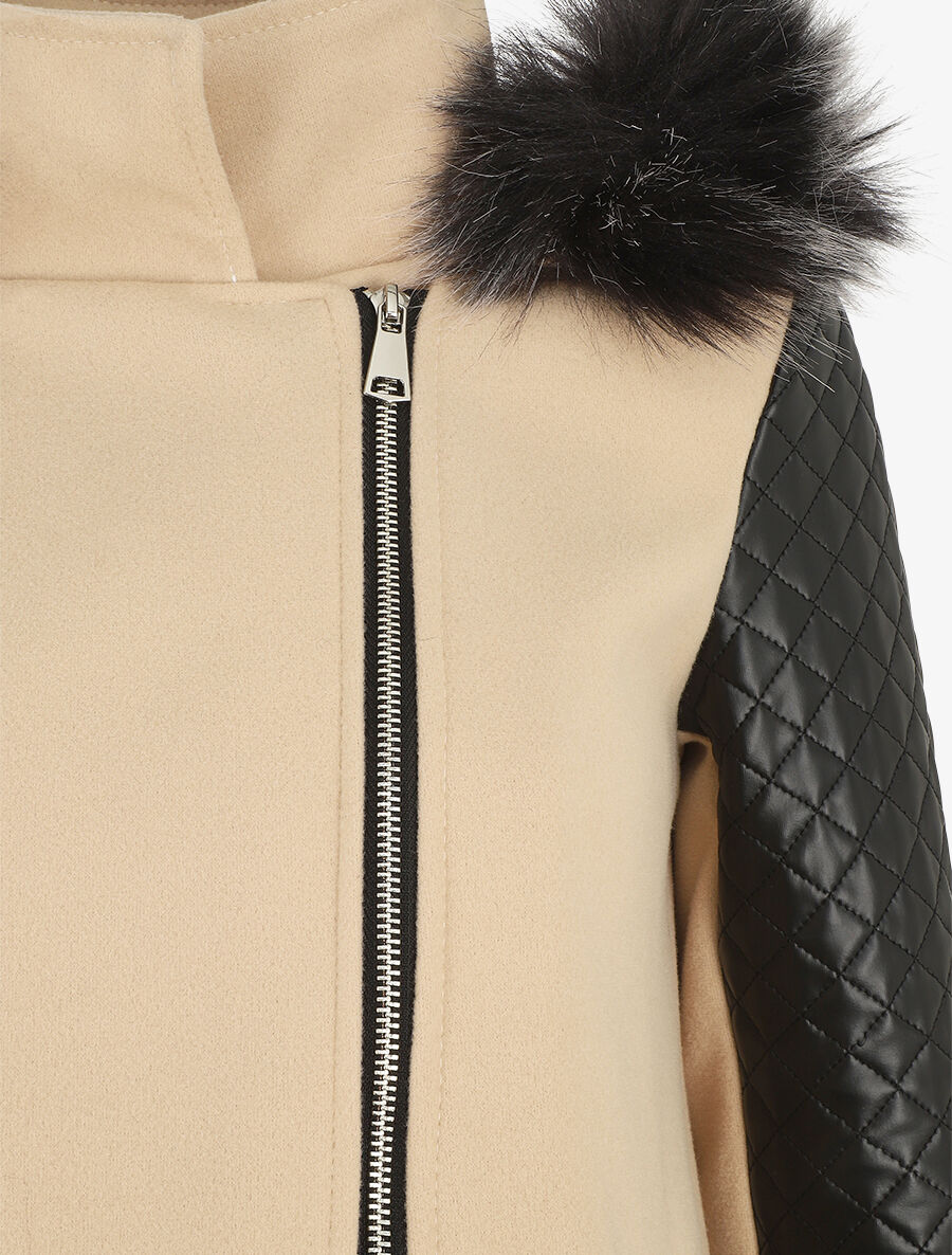 Manteau à capuche et à manches en simili - Beige - 3