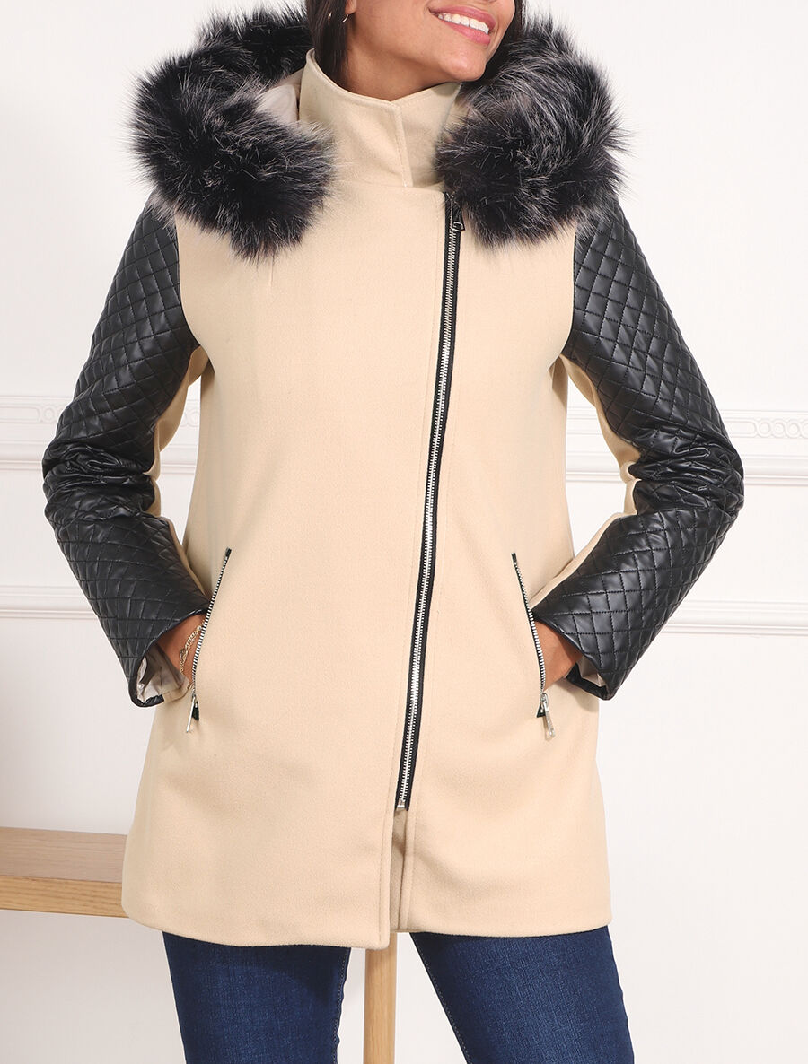 Manteau à capuche et à manches en simili - Beige - 4