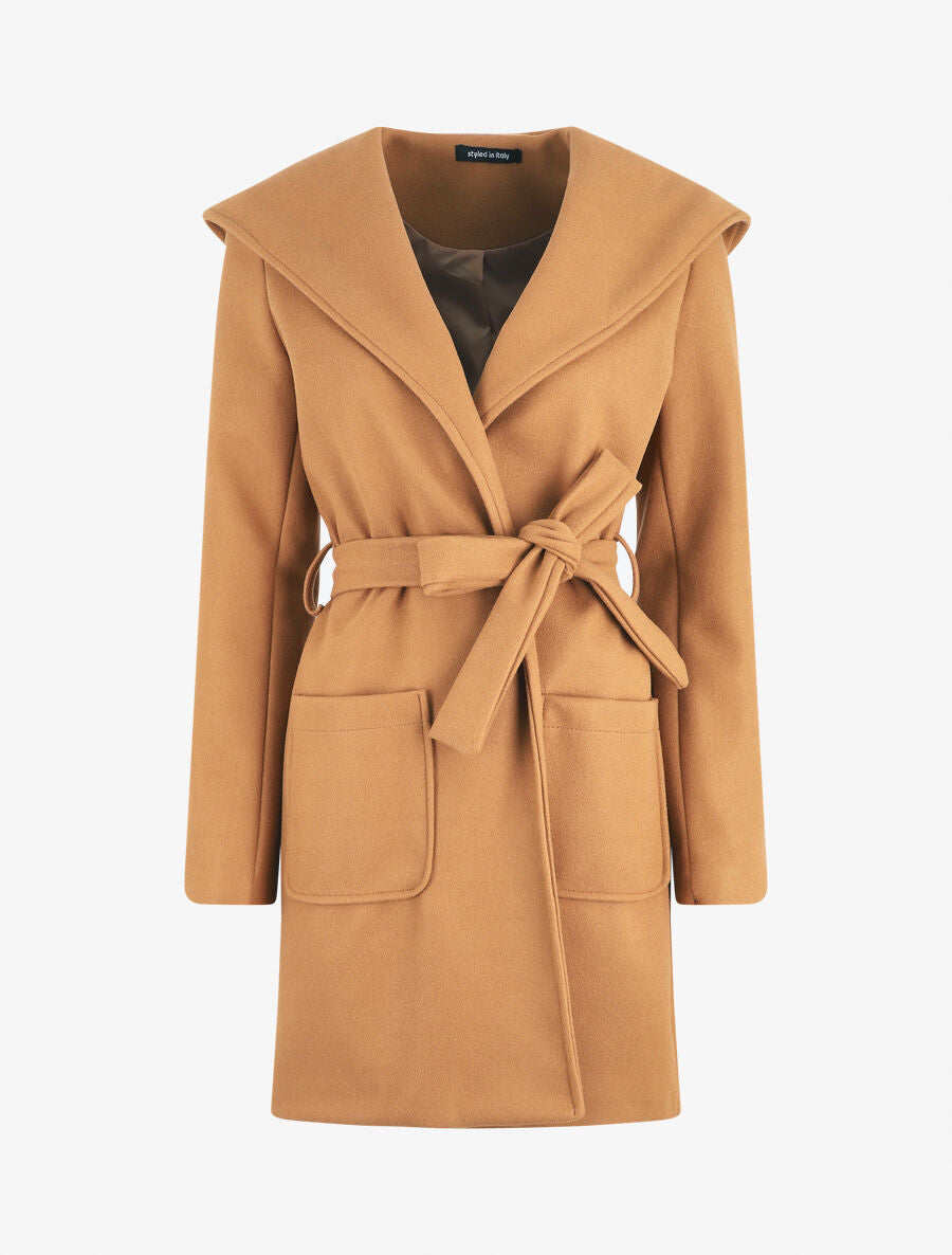 Manteau long à capuche et col châle - Camel - 1
