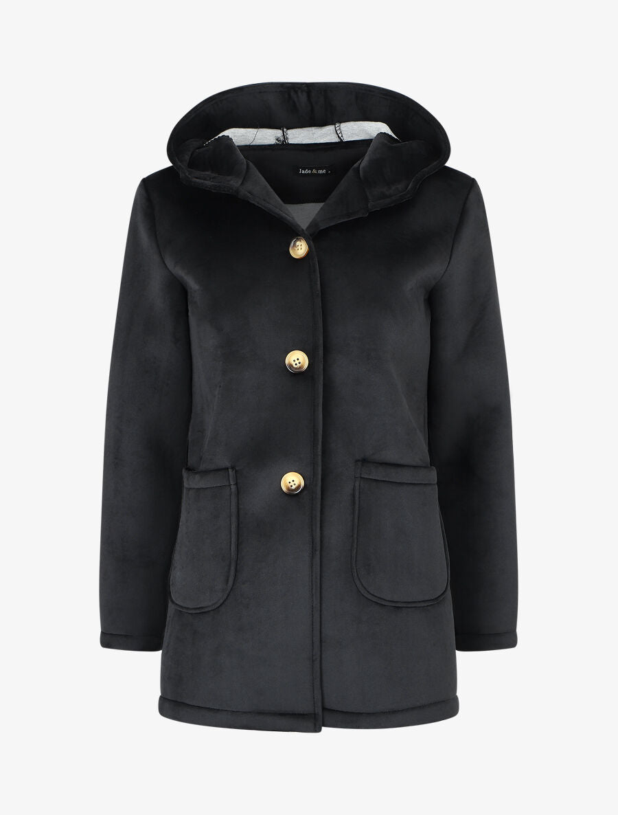 Manteau à capuche effet velours - Noir - 4