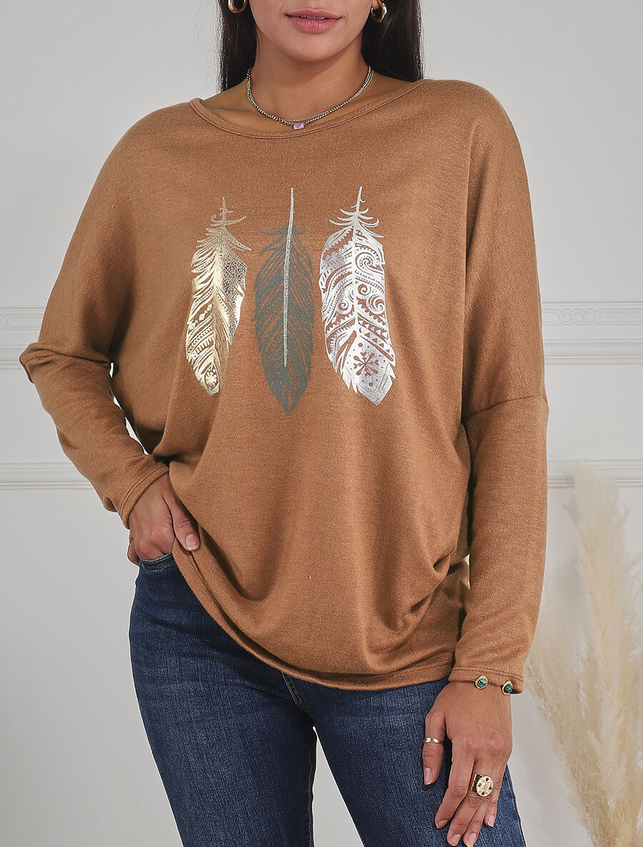 Pull ample à imprimé plumes irisées - Café - 4