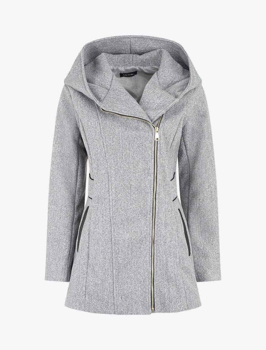 Manteau mi-long à capuche et zip - Gris - 5