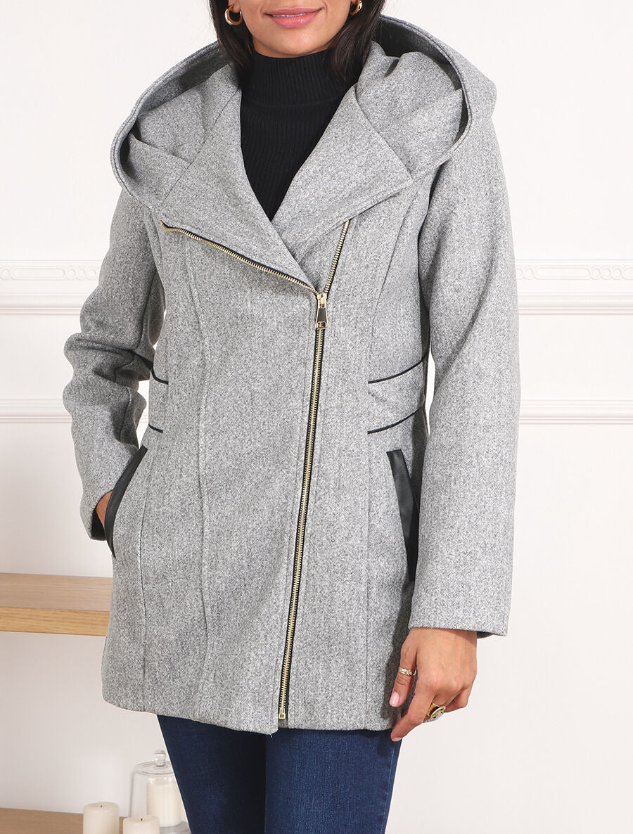 Manteau mi-long à capuche et zip - Gris - 4