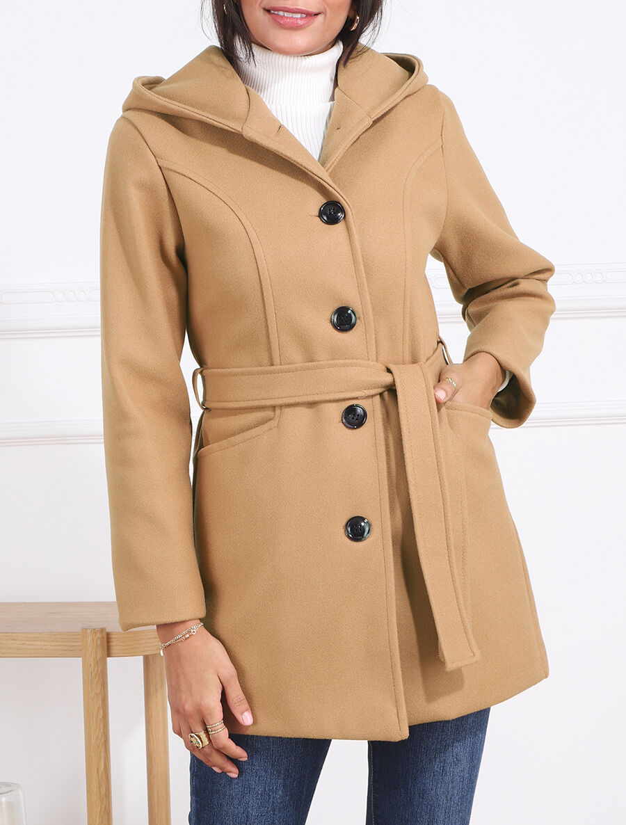 Manteau long à capuche uni - Camel - 4