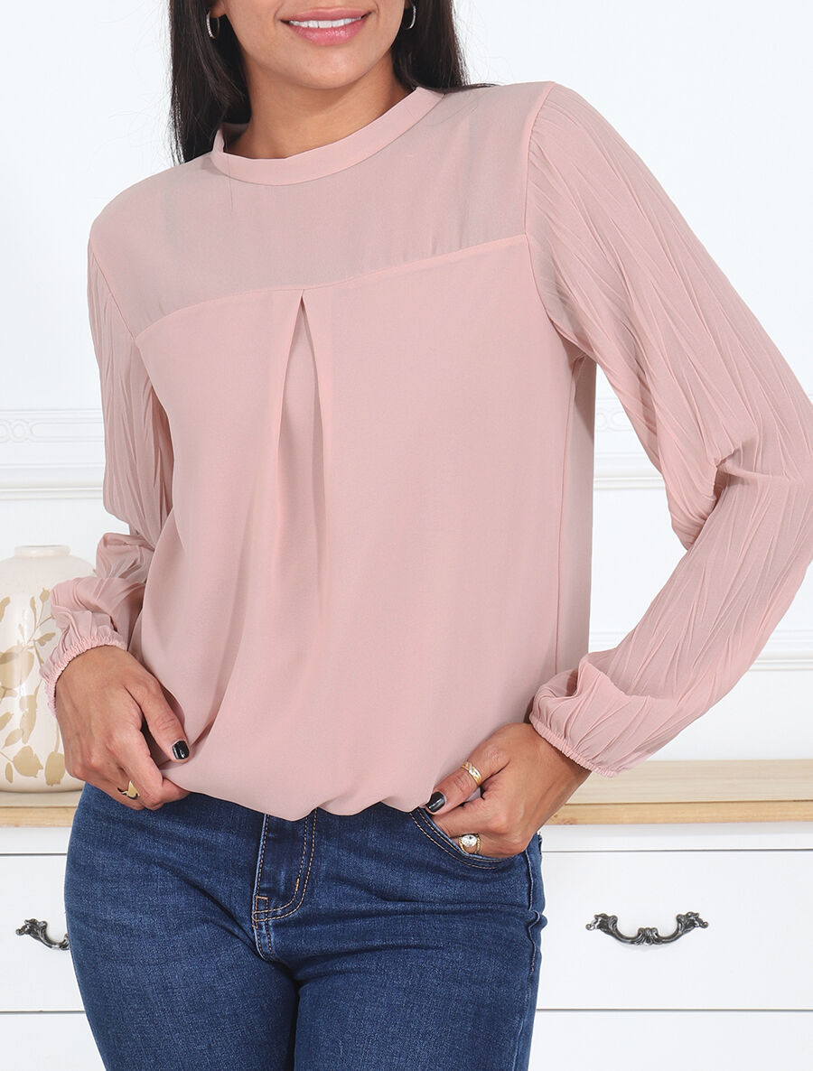 Top uni à manches plissées - Rose - 4