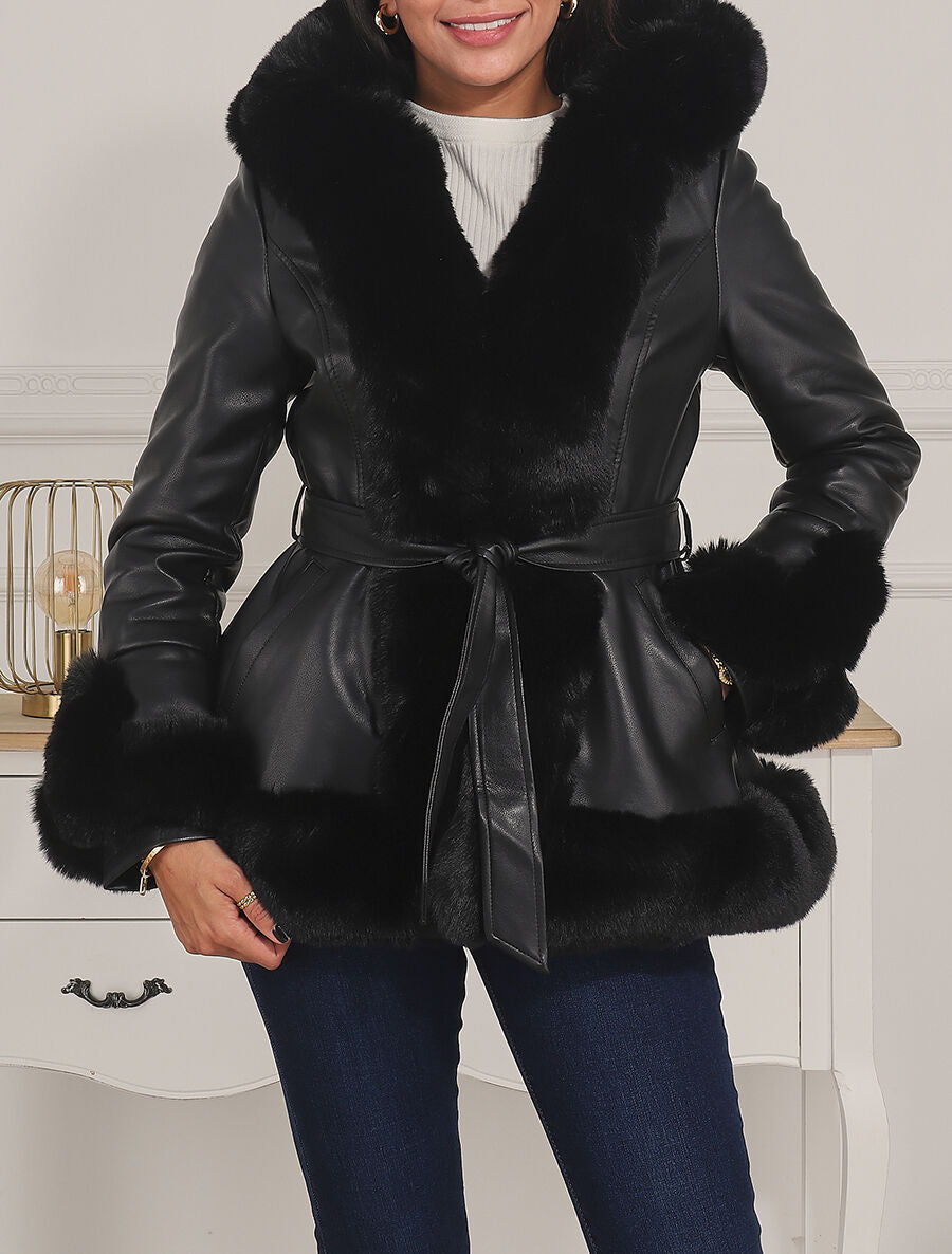 Manteau évasé en simili et fourrure synthétique - Noir - 4