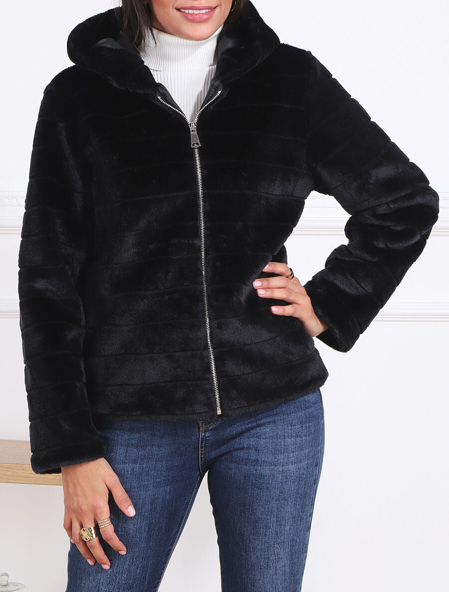 Manteau à capuche en fourrure synthétique - Noir - 4
