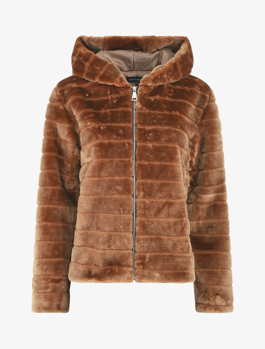 Manteau à capuche en fourrure synthétique - Camel - 1