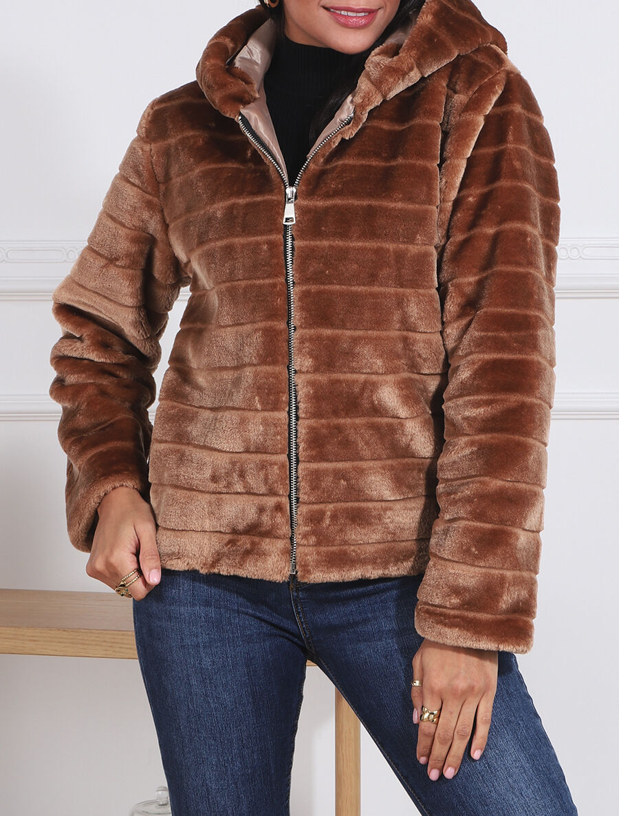 Manteau à capuche en fourrure synthétique - Camel - 4