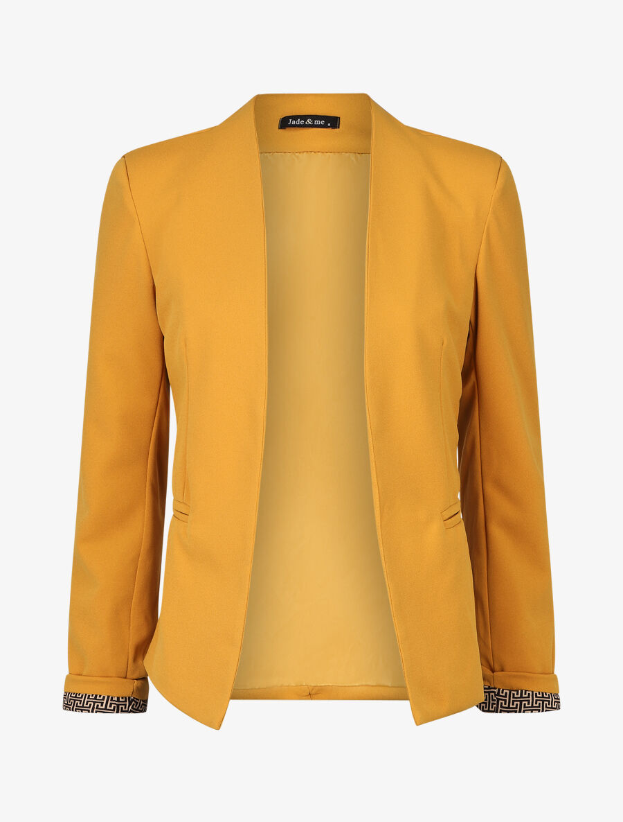 Blazer uni à revers imprimé grec - Jaune moutarde - 1